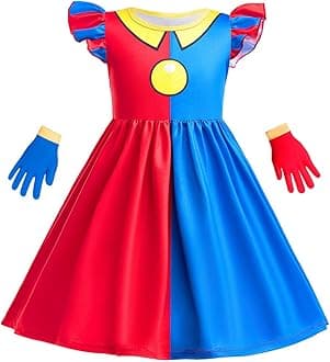 Koongso Pomni Clown Dresses for Girls, Kids The Amazing Digital Circus Cosplay Dress with Gloves for Halloween Carnival Birthday Party