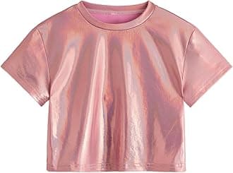 Verdusa Girl's Metallic Crop Tee Top Short Sleeve Round Neck Neon Shirts Party Costume Concert Outfits