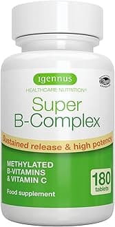 Igennus Super B-Complex - High Absorption Methylated B Vitamins, Clean Label, 180 Sustained Release Tablets - Complete Spectrum of B Vitamins with Folate, Boosted B12 & Vitamin C, 90 Servings