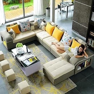 Poppins HOME Modern 6 Seater U Shaped Velvet Sectional Sofa for Classic Living Rooms Luxury Design Modular Fabric Set (Beige)