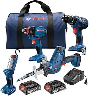 GXL18V-496B22 18V 4-Tool Combo Kit with Compact Tough 1/2 In. Drill/Driver, Two-In-One 1/4 In. and 1/2 In. Impact Driver/Wrench, Compact Recip Saw, LED Light and (2) 2.0 Ah SlimPack Batteries