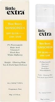 - little extra Rice Berry Sunscreen, Spf 50 Pa++++, Uva/B, Fast Absorbing, With Niacinamide, Kojic Acid, Vitamin C, Black Rice Water For Bright, Glowing Skin, No White Cast, Light Weight, 50G, All
