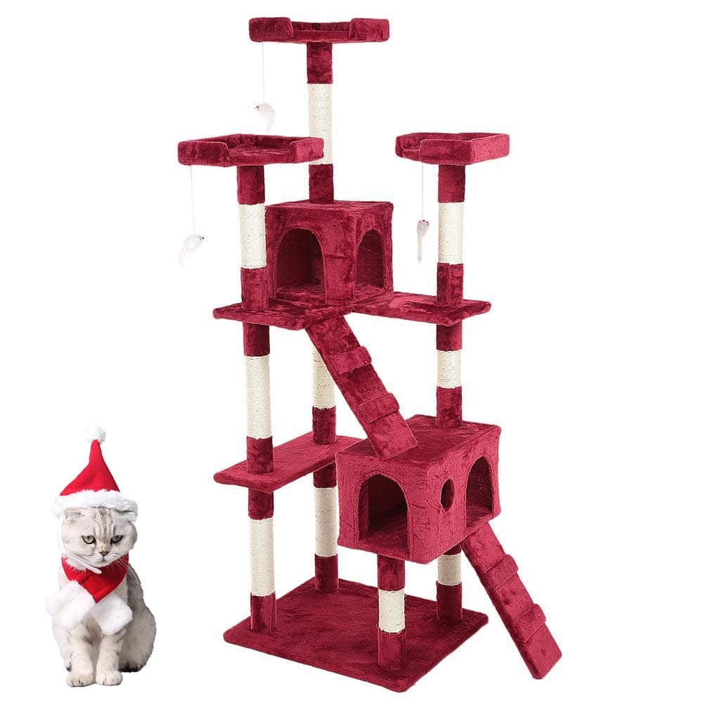 Blackpoolaluk Multi Cat Tree Stable Cat Scratch Posts Function Cat Climbing Tower Toys with Cat Home for Indoor/Outdoor Cats Activity (170 - Red)