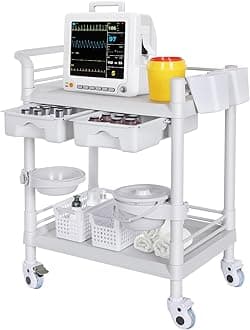 Medical Carts with Wheels 2 Tier Mobile Esthetician Cart 220 LBS Load Hospital Trolley Cart for Ultrasound Scanner Utility Cart with Bucket Sharp Box Storage Basket for Beauty Salon Dental Clinic Home