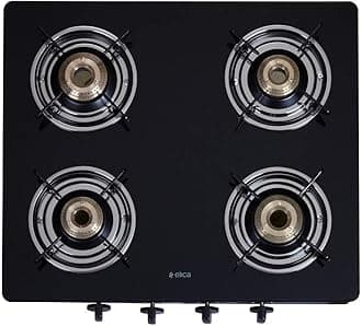Elica Vetro Glass Top 4 Burner Gas Stove (CT VETRO 460 BLK)Open,Black