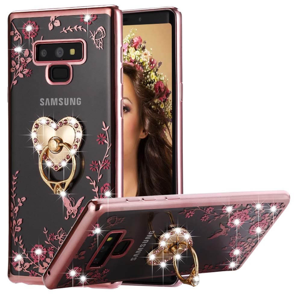 Galaxy Note 9 Case Pink Ring, (TM) Soft Slim Bling Rhinestone Floral Crystal TPU Plating Rubber Case Cover with Detachable 360 Diamond Finger Ring Holder Stand for Galaxy Note 9
