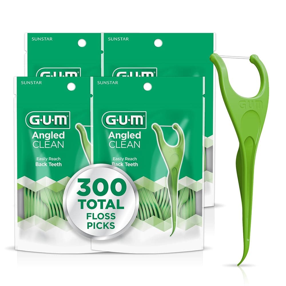 GUM Angled Floss Picks, Perfect for Tight Teeth, Extra Strong Shred-Resistant Dental Floss, Angled for Easy Reach, Dental Flossers for Adults, Fresh Mint Flavor, 75 Count (Pack of 4) 300 Total