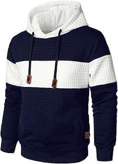 QichicMen’s Sweatshirts Long Sleeve Pullover Patchwork Plaid Jacquard Hoodie Casual Drawstring Hoody Top