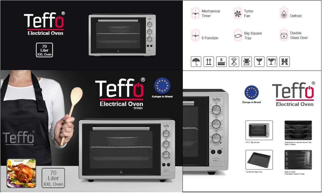 TEFFO 70L Electric Oven with 6 Function, 1500W, Timer - Big Square Tray, Defrost & Double Glass Door