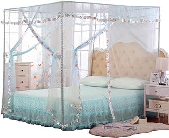 JQWUPUP Luxury Mosquito Net Bed Canopy - 4 Corner Poster Princess Lace Netting Bedding for Girls, Toddlers & Adults - Bedroom Decor Block Insects (Full Size, Light Blue)