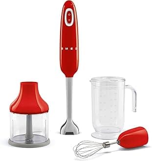Handheld Immersion Blender with Beaker, Chopping Bowl w/Lid, Wire Whisk, 5 Speed Controls, made with Stainless Steel Blades and Ergonomic Design (Red)