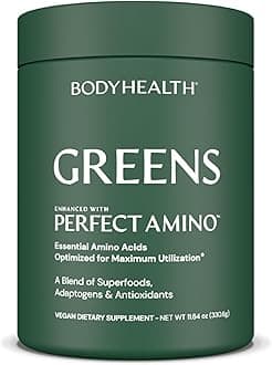 BodyHealthPerfect Greens Formula (30 Svgs) Daily Superfood Green Apple Smoothie Powder with Vegetables, Fruit, Antioxidants, Prebiotics, Probiotics, Fiber, and PerfectAmino Protein