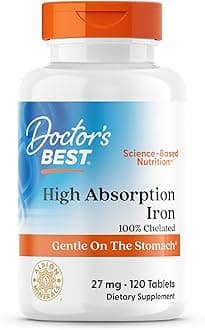 Doctor's Best High Absorption Iron Tablet with Ferrochel, Gentle on The Stomach, Immune Health, Blood Health, 27 mg