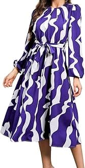 Leriya FashionWomen’s A-Line Midi Dress | Long Sleeve Belted Fit and Flare Gown | Elegant Printed Casual Outfit