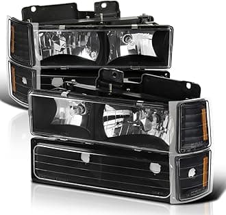 Black Headlights + Bumper Lights + Corner Compatible with 1994-1998 Chevy C/K 1500 2500 3500 Tahoe Suburban Blazer C10 Pickup, Left + Right Pair Headlamp Assembly