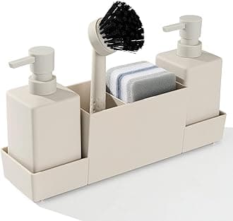Kitchen Soap Dispenser with Sponge Holder Set for Sink Caddy, Hand Soap and Dish Soap Dispenser with Brush Matte Beige