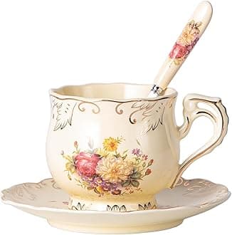 YOLIFE Tea Cup and Saucer Set, 8 oz Tea Cup Set, Teacup, Ceramic Tea Cup with Saucer Spoon, Ivory Vintage Flowering Shrubs with Gold Leaves Trim, Gifts for Women