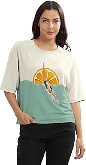 - Beige Printed Loose Fit Crew-Neck Crop T-Shirt for Women