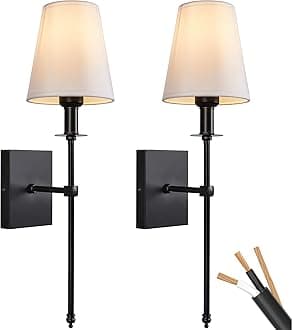 Passica Decor Modern Matt Black Wall Sconce Set of Two, with Vertical Rod and White Fabric Flared Shade,Versatile Used in Bathroom Vanity Stairway Fireplace Living Room Bedroom Nightstands