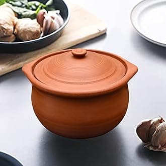 EZAHK Handmade Clay Earthen Kadai Pot with Lid for Cooking & Serving - Brown (1.8 L), Natural and Traditional Pure