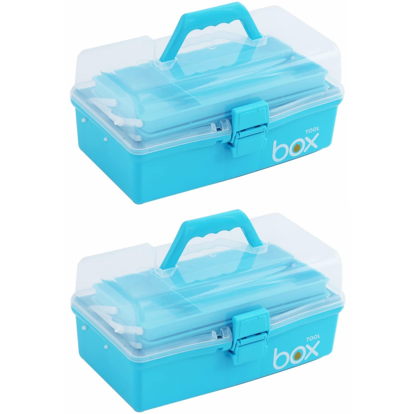 2PCS 12'' Three-Layer Clear Plastic Storage Box/Tool Box, Multipurpose Organizer and Portable Handled Storage Case for Art Craft and Cosmetic (Blue)