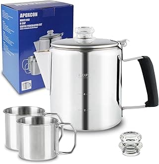 Multi Use Coffee Pot Bundle Coffee Percolator with 2 Mugs Stainless Steel Coffee Maker with Heat Resistant Borosilicate Glass Knob Anti-flame Silica Handle Using on any Stovetop 6 Cup