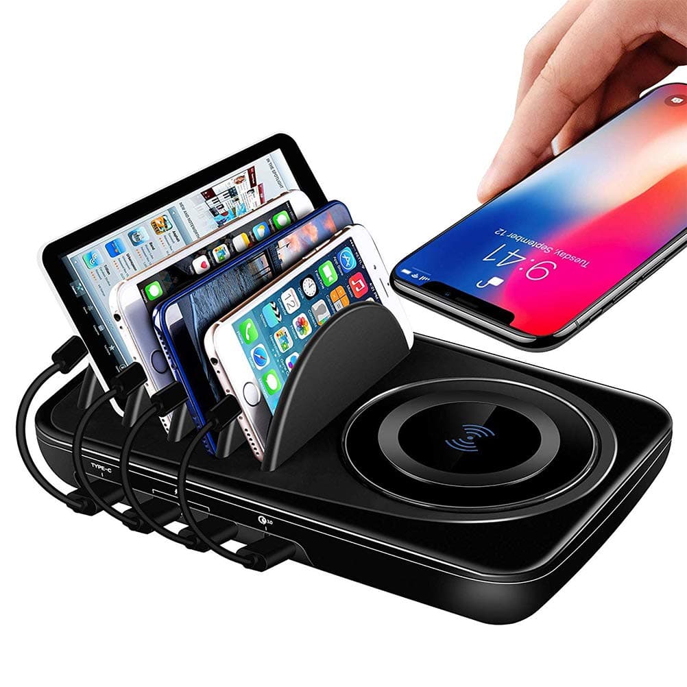 Wireless Charging Station Dock,Multiple Devices Charging Organizer With 10W Fast Qi Cordless Charge Pad, Multi Desktop Docking Station Hub With Type-C/USB/Quick Charge 3.0 Port For Android Ios, Black