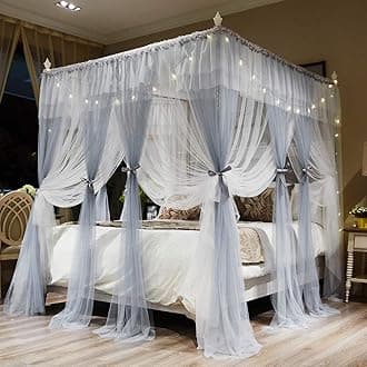 Joyreap Luxury 4 Corners Post Canopy Bed Curtains - Grey & White Cozy Drape Netting - Cute Princess Style Bedroom Decoration Accessories (47" W x 78" L, Twin)
