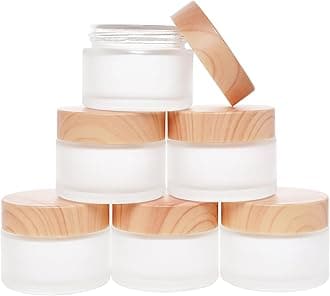 Miayon 6Pcs Glass Cosmetic Containers with Wood Grain Lid Refillable Cosmetic Jar Frosted Glass Cream Container with Leak-proof Lid Empty Makeup Jar for Lotions,Creams,Scrub Cream,Home,Travel(15ml)