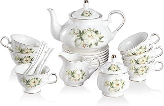 Sweejar Porcelain Tea Set Vintage Floral, British Relief Gold Rim Teapot Cup and Saucer Sets, 22-Piece Tea Sets for Adults, with Teapot, Sugar Bowl, Milk Jug, Spoons, Cup and Saucer (Camellia)