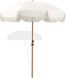 6.5ft Patio Umbrella with Fringe, Beach Umbrella, Fringe Umbrella Outdoor Patio with Hanging Hook, Tilting Aluminum Pole, UV 50+, Fiberglass Ribs, Elegant Cream