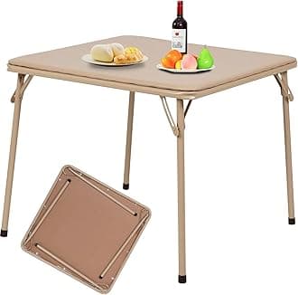 FurnitureR Square Folding Card Table 34 Inch, No Assembly Portable Table for Game Nights, Small Space Dining & Indoor Outdoor Use, PVC Top with Metal Frame, Camel