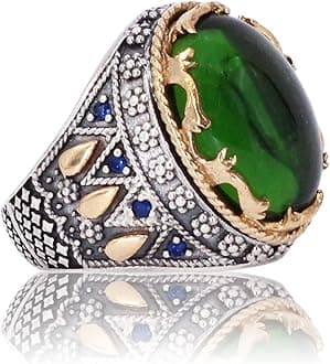 Emerald rings for men, Handmade 925 sterling silver rings for men, Vintage Turkish ring perfect Statement Ring, emerald stone ring christmas gifts for men, gifts for him Size 7.5