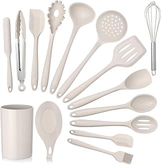 E-far Kitchen Utensils Set, 15-Piece Silicone Cooking Utensils with Holder, Non-stick Cookware Friendly & Heat Resistant, Includes Ladle Spatula Spoon Slotted Turner for Cooking & Baking (Khaki)