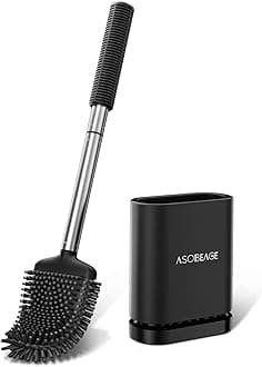 ASOBEAGE Silicone Toilet Brush: Flexible Head, Stainless Steel Handle, Wall-mounted, Quick-drying Holder for Bathroom Clean (Black)