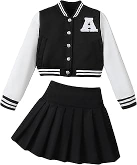 Girls 2 Piece Outfits Skirt Set Button up Jacket Sweatshirt and Pleated Mini Skirts Fall Winter Clothes Size 7-14Y