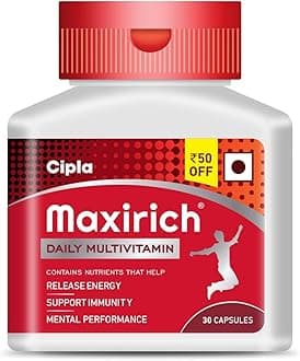 Cipla Maxirich Daily Multivitamin For Men & Women With Essential Nutrients, Vitamins, Minerals, Anti-oxidants For Building Immunity & Energy - 30 Capsules/Bottle