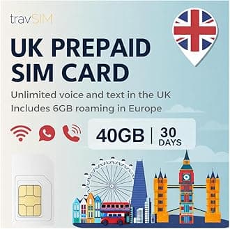travSIM UK SIM Card | 40GB Data + Unlimited Calls & Texts | 4G/5G Speed | Works Throughout the UK | SIM Card UK is Valid for 30 Days