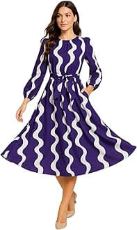 Leriya Fashion Women’s A-Line Midi Dress | Long Sleeve Belted Fit and Flare Gown | Elegant Printed Casual Outfit