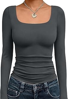 Trendy Queen Womens Long Sleeve Shirts Crop Tops Fall Fashion Solid Square Neck Going Out Basics Tees Y2k Clothes