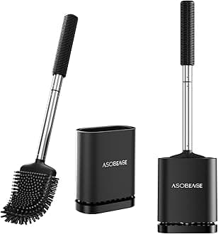 ASOBEAGE Silicone Toilet Brush: Flexible Head, Stainless Steel Handle, Wall-mounted, Quick-drying Holder for Bathroom Clean (Black, 2 Packs)