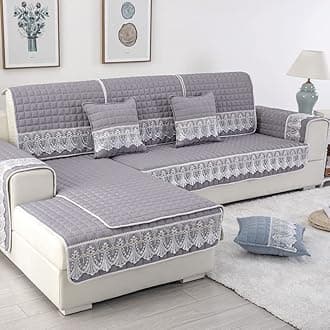 vctops Farmhouse Solid Color Sofa Slipcover Non Slip L Shape Sofa Cover Lace Trim Plaid Quilted Sectional Couch Cover Furniture Protector Cover for Pets Kids Children Dog Cat (Gray,28"x70")