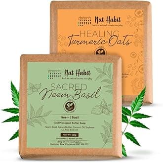 Nat Habit Healing Turmeric-Oats & Sacred Neem-Basil Butter Bath Soap, Anti-bacterial With Cold Processed, Body Acne, Pimples & Tan Removal (125g x 2, Combo)