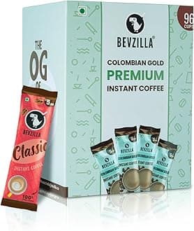 Bevzilla 96 Instant Hot & Cold Coffee Powder Sachets/Pouches (Colombian Gold) - 192 Grams|Arabica Coffee | Best For Espresso, Latte, Cappuccino|Enjoy Hot & Cold