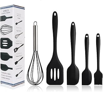 BINHAI Kitchen Utensil Set - Black 5 pcs Silicone Spatula Set - Basting Brushes - Pastry Oil Brush - Egg Beater - Slotted Turner - Silicone Stainless Steel Core Cooking Spatulas Non-Stick