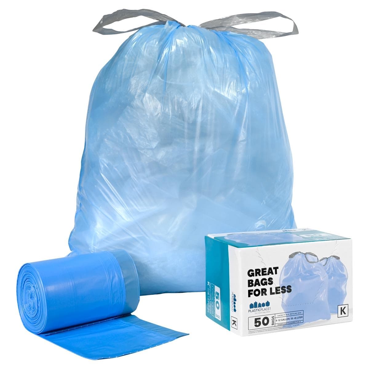 Code K Compatible (50 Count) Blue Recycling Bags Drawstring Rubbish Bin Liners 10 Gallon / 38 Liter 24.4" x 28"