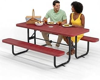 - Commercial Heavy-Duty Metal Picnic Table - ADA Compliant, Adjustable Seats, Umbrella Hole (Red, 6' Rectangular, Punched Steel)