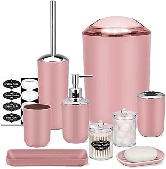 IMAVO Bathroom Accessory Set - 8 Pcs Pink Set with Trash Can, Soap Dispenser, Soap Dish, Toothbrush Holder, Toothbrush Cup, Toilet Brush Holder, Qtip Dispenser