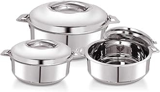 WARMEO Steam Insulated Stainless Steel Casseroles| Easy to Carry Hot Boxes for Kitchen | Hot Food, Easy to Store| Silver| Set of 3 (1000,1500, 2500ml)