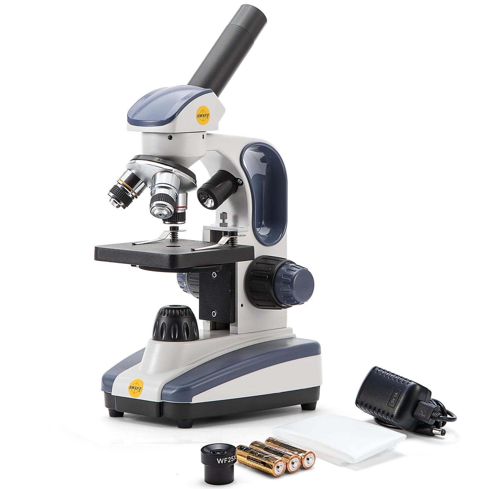 Compound Monocular Microscope with 40X-1000X Magnification, Dual Light, Precision Fine Focus, Wide-Field 25X Eyepiece and Cordless Capability for Student Beginner